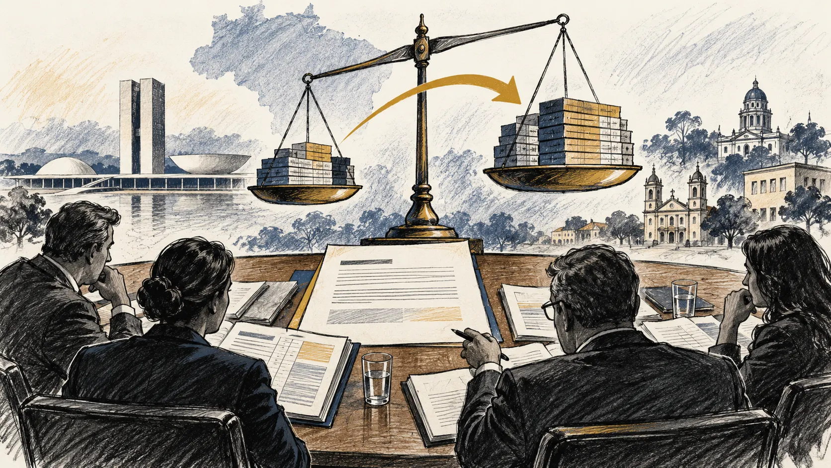 Ilustração editorial de uma reunião institucional com documentos, uma balança e edifícios públicos ao fundo