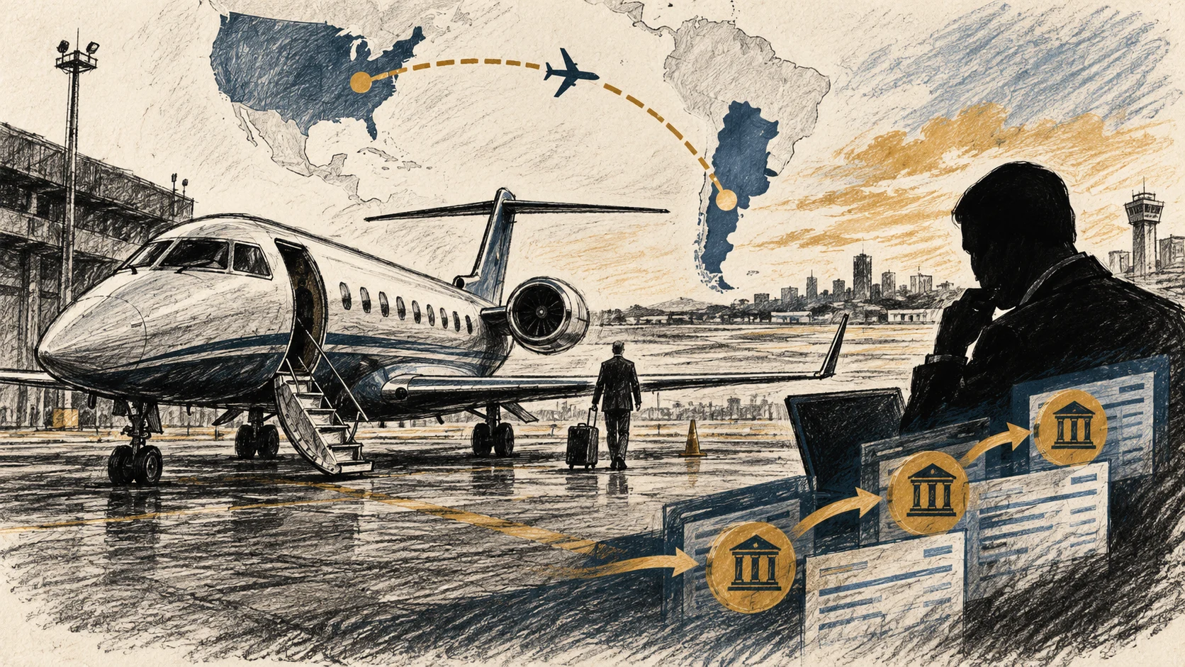 Ilustração editorial de um jato, uma rota entre Estados Unidos e Argentina e uma transferência bancária abstrata