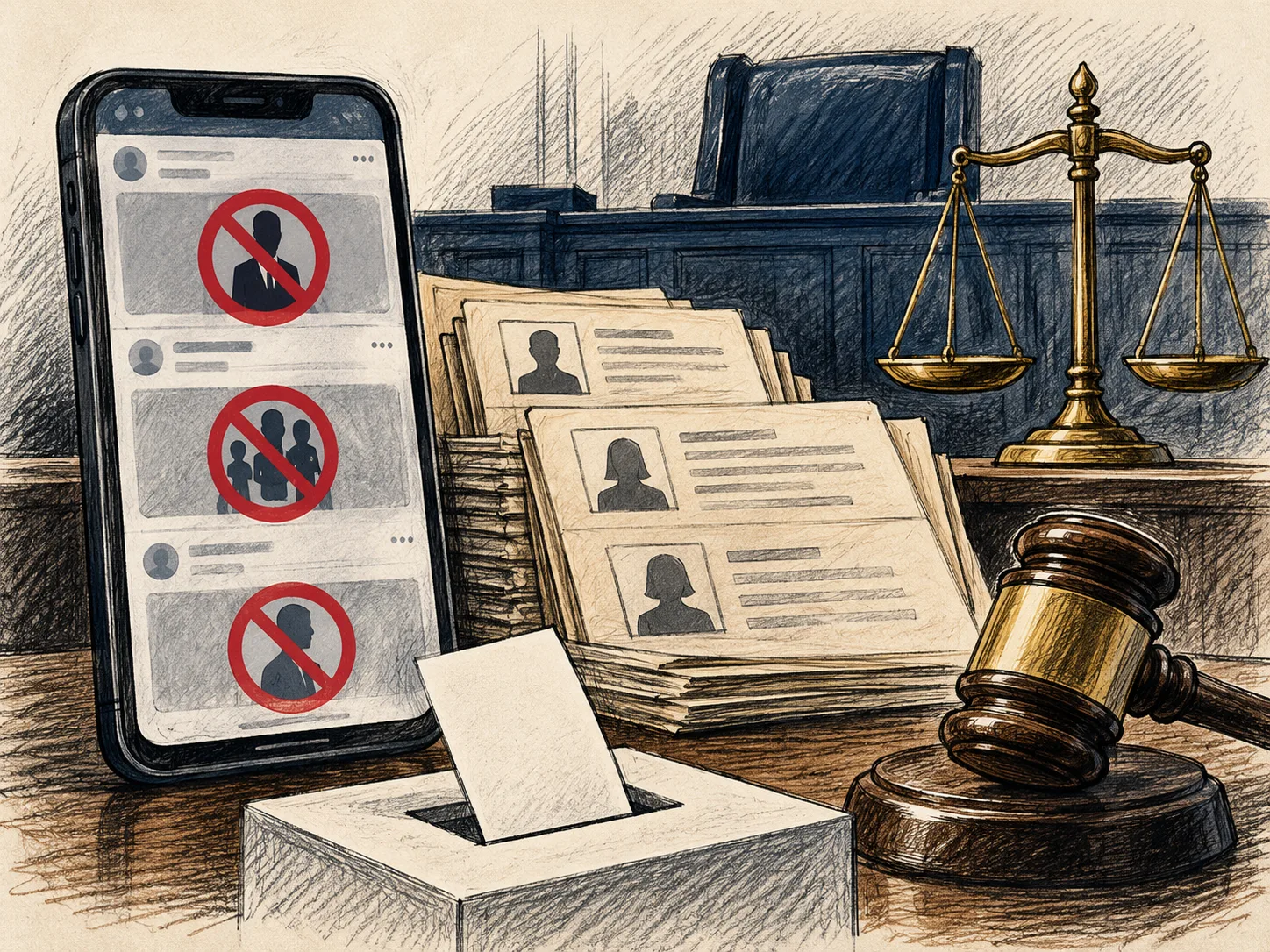 Ilustração editorial de um smartphone com publicações bloqueadas, arquivos de trabalhadores e uma balança da Justiça