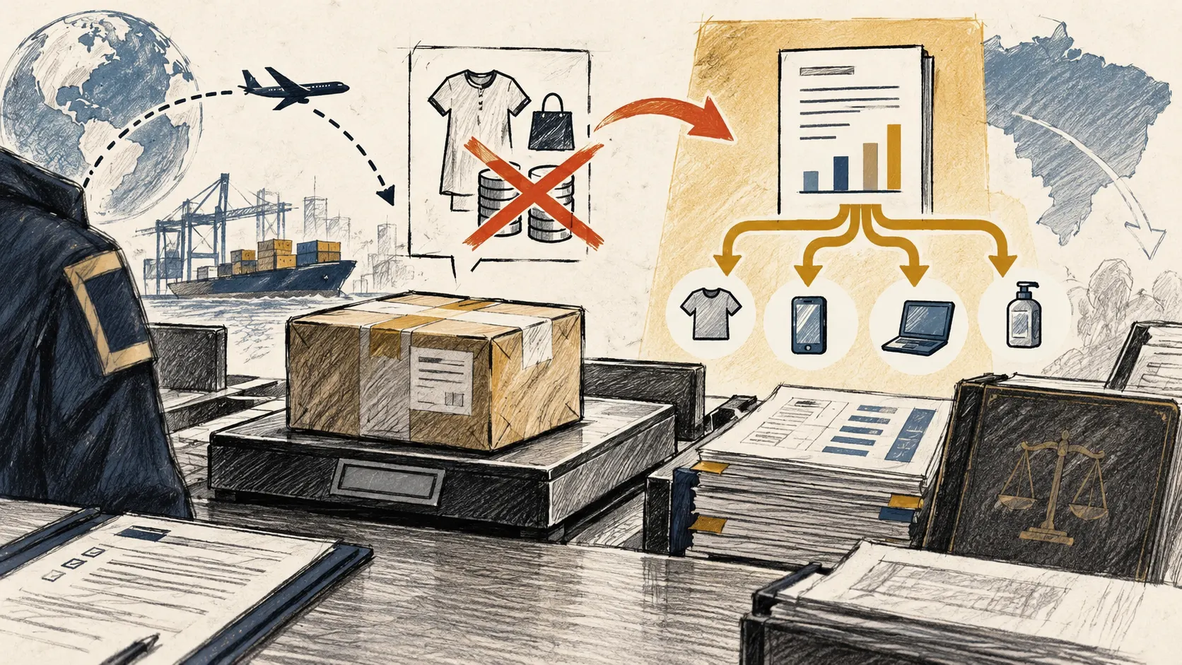 Ilustração editorial de uma encomenda internacional e documentos tributários