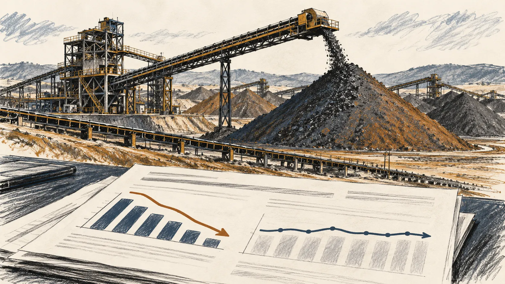 Ilustração editorial de uma planta de mineração com correias transportadoras, pilhas de minério e gráficos abstratos em uma folha de resultados