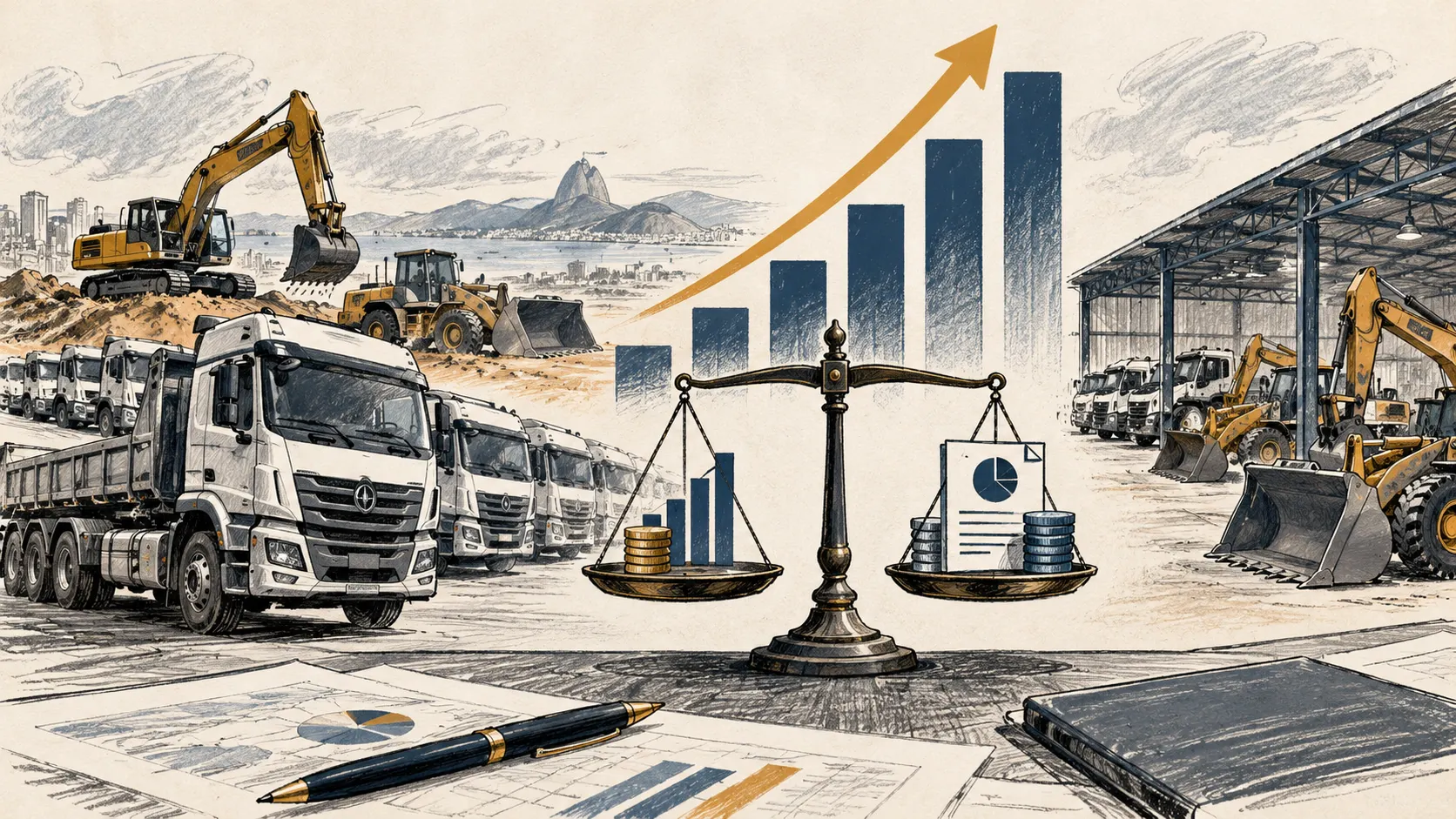 Ilustração editorial de caminhões e máquinas de construção ao lado de gráficos de resultado e uma balança financeira